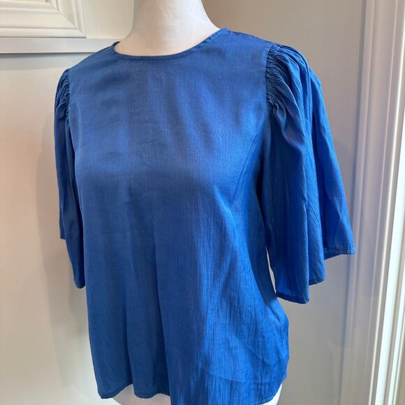 FRNCH Blue XS Prairie Cottagecore Wide Sleeve Keyhole Silk-Feel Blouse Shirt - Picture 2 of 6